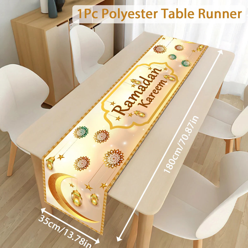 Ramadan decoration table runner with Eid Mubarak design from Showlu Fashion Store, ideal for Islamic home Eid Al-Fitr celebrations.