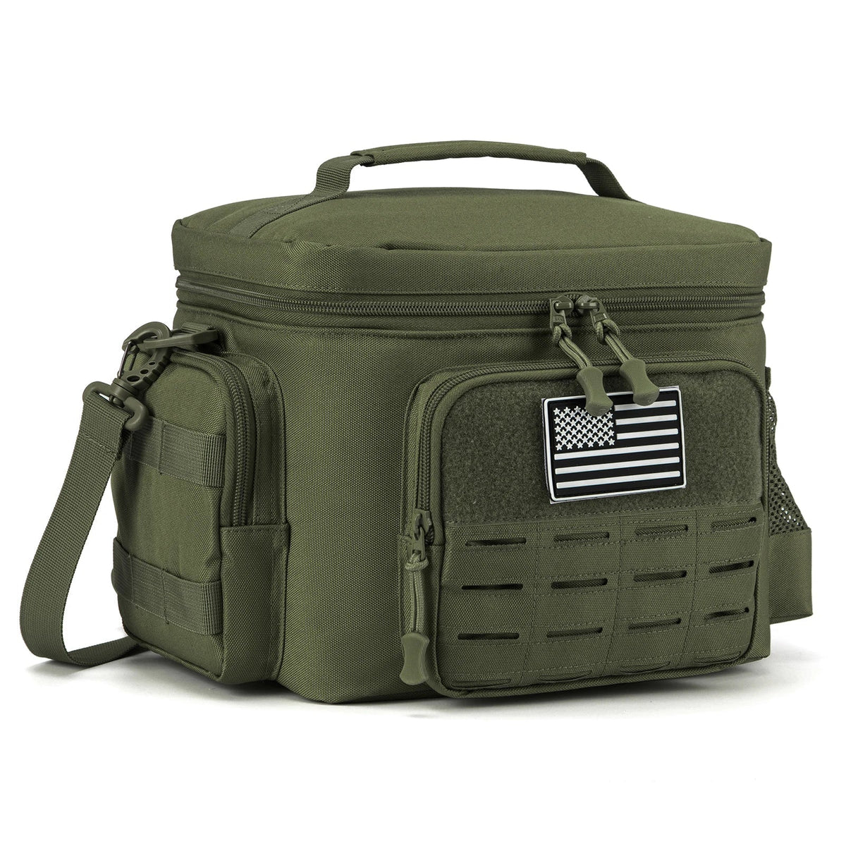 An olive green tactical insulated lunch bag with a front American flag patch and shoulder strap.