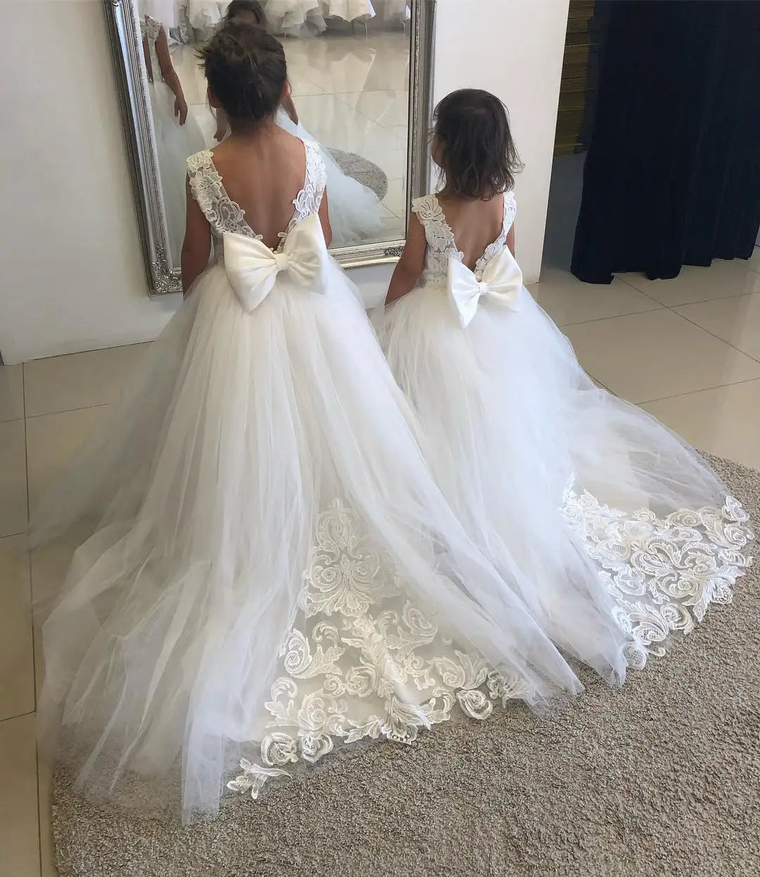 Baby girl flower girl dress by Showlu Fashion Store, lace tulle first communion ball gown with floral details and elegant design.