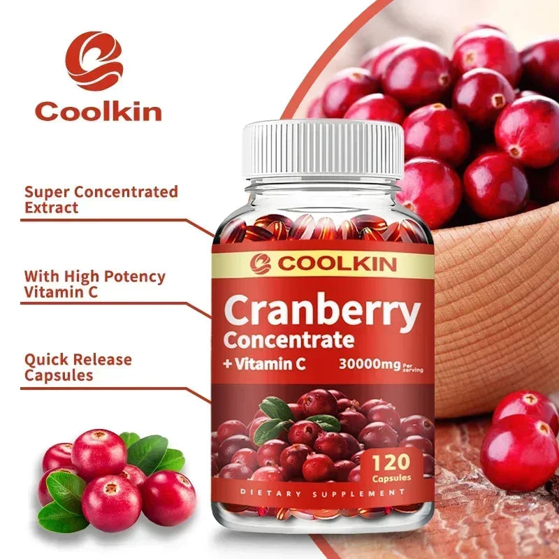Cranberry supplement bottle for urinary tract and bladder health, with vitamin C, showing label and capsules on white background.