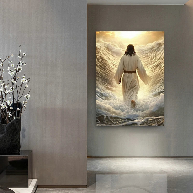 Jesus walking on water canvas wall art, modern religious print by Showlu Fashion Store showing a serene biblical scene.