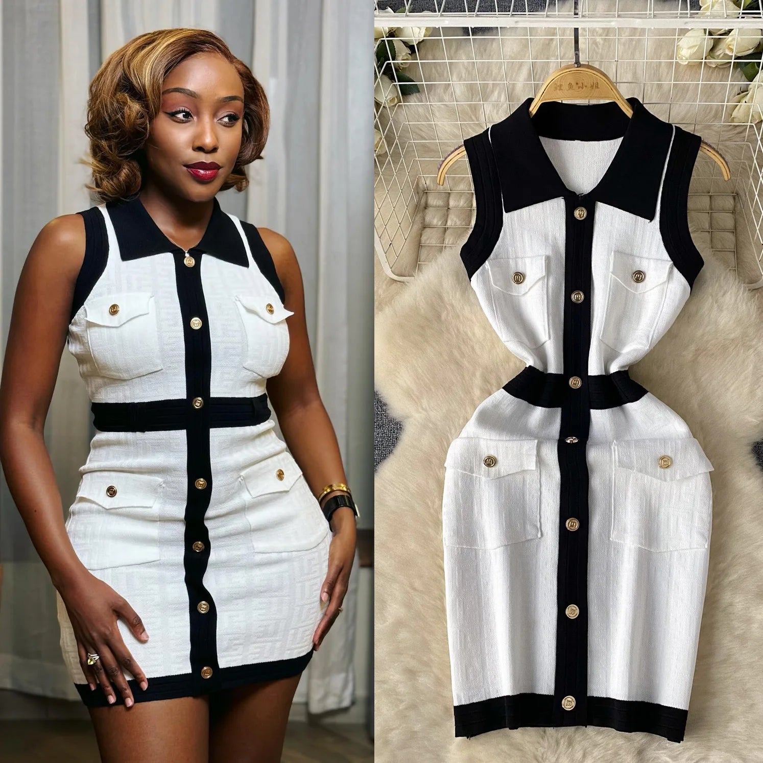 Mini Dress Women Dresses Vests Knitted Vestidos Bodycon Streetwear Polo Neck Sleeveless Single Breasted Splice Y2k Elegant Work