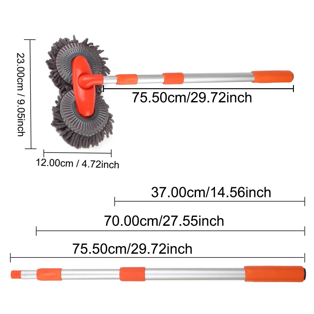 LEEPEE rotating double brush head car wash mop with telescopic handle and chenille microfiber for easy cleaning.