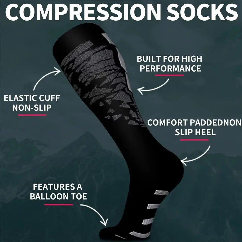 Showlu Knee-High Compression Sports Socks with nylon calf support, ideal for running and athletic activities.