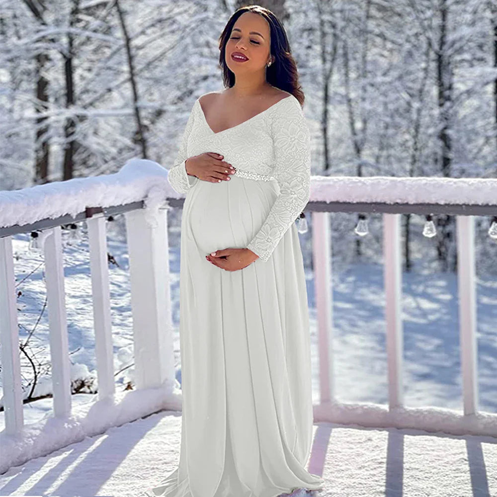 Elegant SHOWLU V-neck lace maternity gown in chiffon, designed for maternity photography, featuring a flowing maxi dress style.