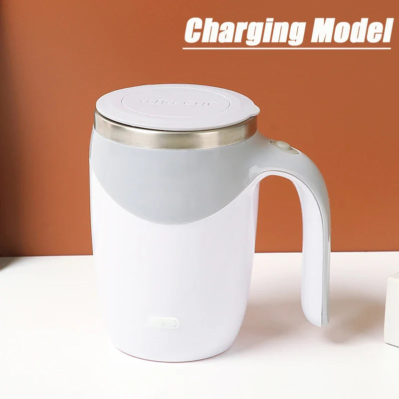 Magnetic stainless steel XMSJ automatic stirring coffee mug with a sleek tumbler design and black exterior.