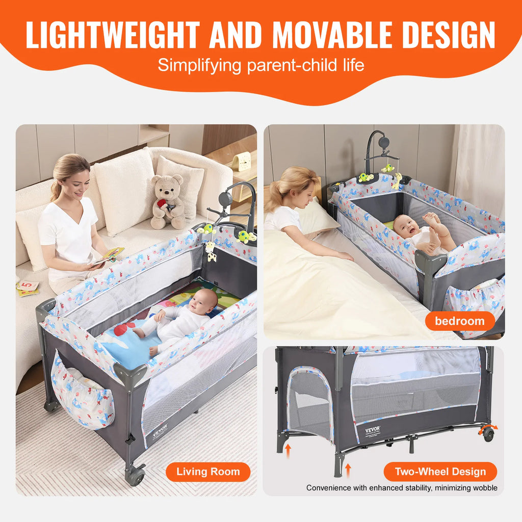 Showlu Fashion Store baby bassinet with storage basket, wheels, and foldable design, suitable for infants up to 77 pounds.