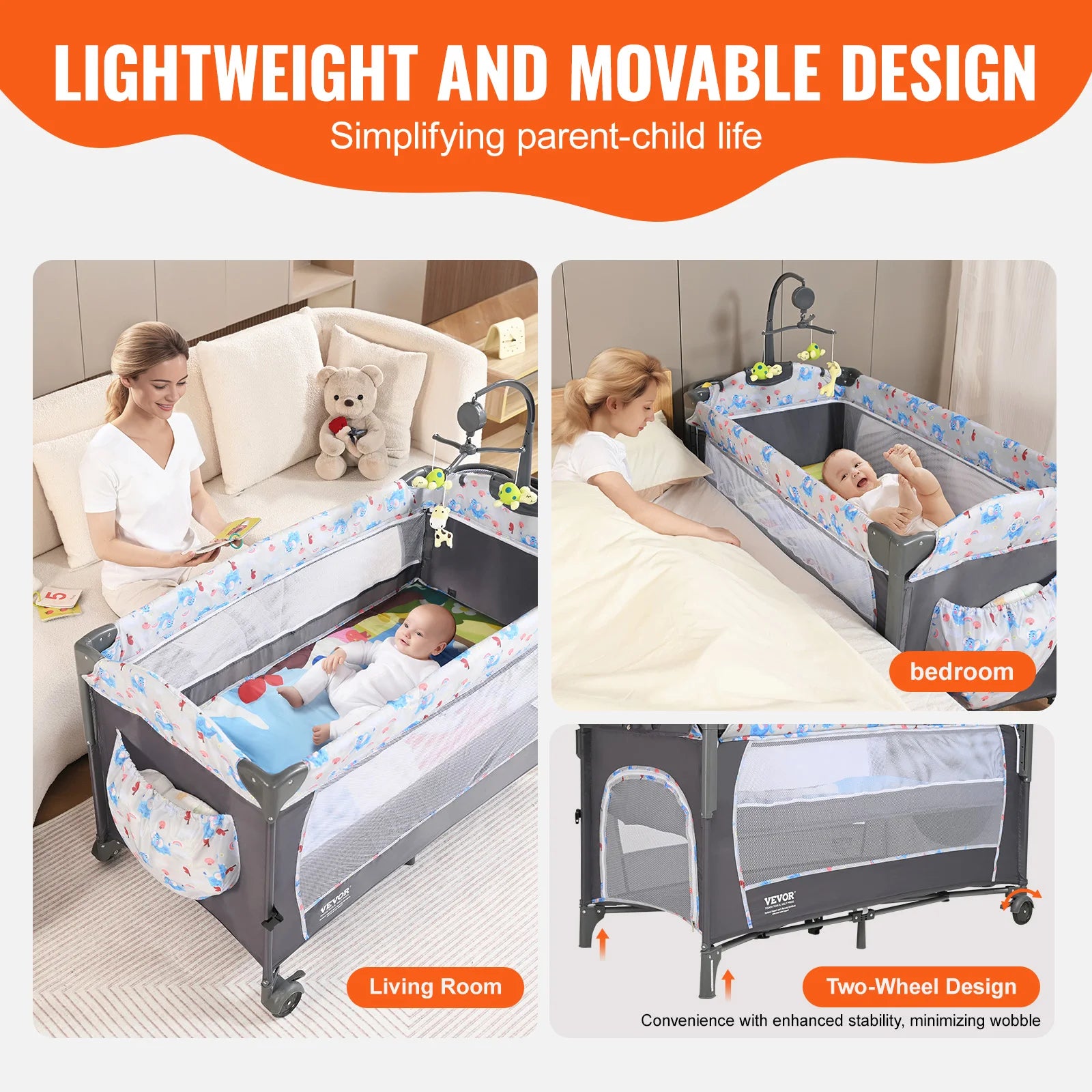 Showlu Fashion Store baby bassinet with storage basket, wheels, and foldable design, suitable for infants up to 77 pounds.