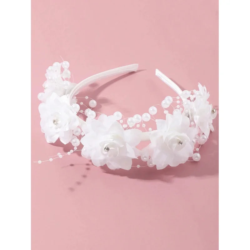 White flower girl headband with elegant floral design for wedding and bridal party hair accessory, by Showlu Fashion Store