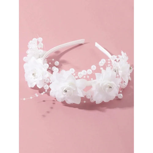 White flower girl headband with elegant floral design for wedding and bridal party hair accessory, by Showlu Fashion Store