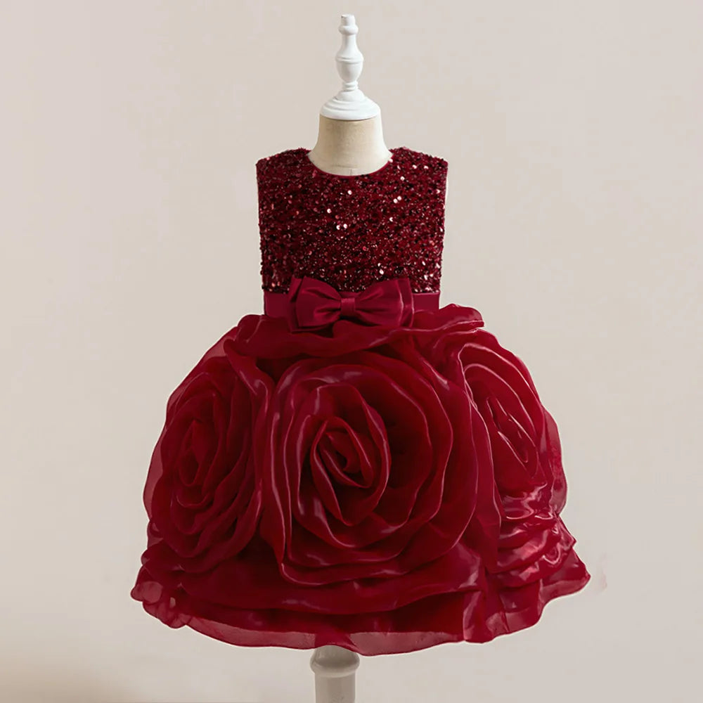 Elegant 3D flower girl dress by Showlu Fashion featuring sequins, tulle, bow details, suitable for birthday, wedding, or evening events.