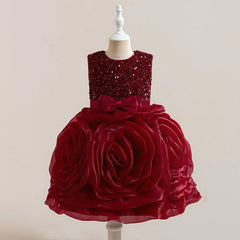 3D Flower Party Girls Dress Elegant Sequin Tulle Birthday Wedding Dresses for Girl Vestido Bow Bridesmaids Piano Evening Costume