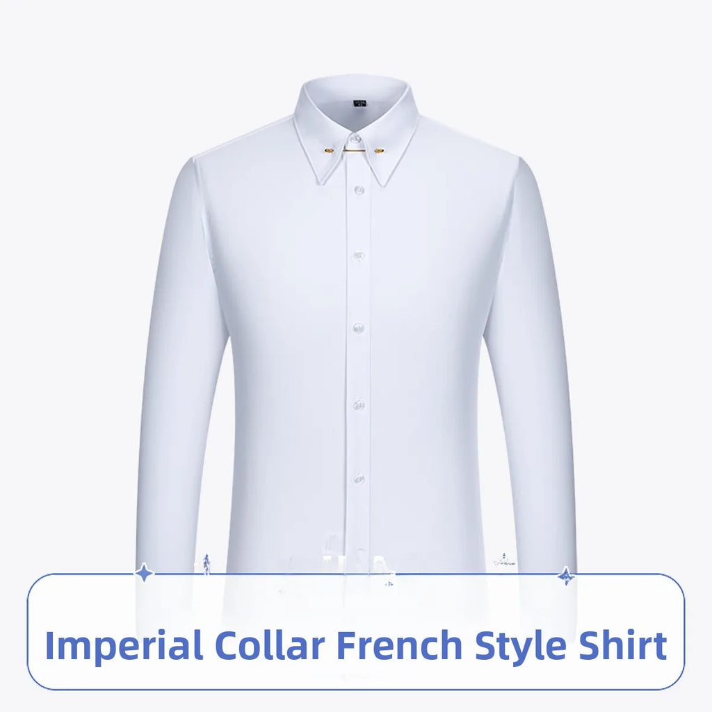 White slim fit men's shirt with empire collar and cufflinks, suitable for casual and business wear, shown on a model.