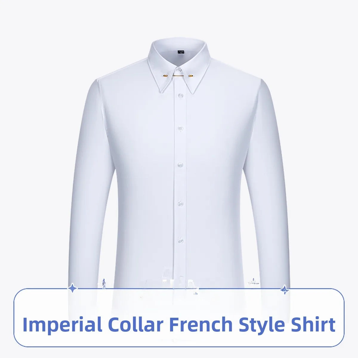 White slim fit men's shirt with empire collar and cufflinks, suitable for casual and business wear, shown on a model.