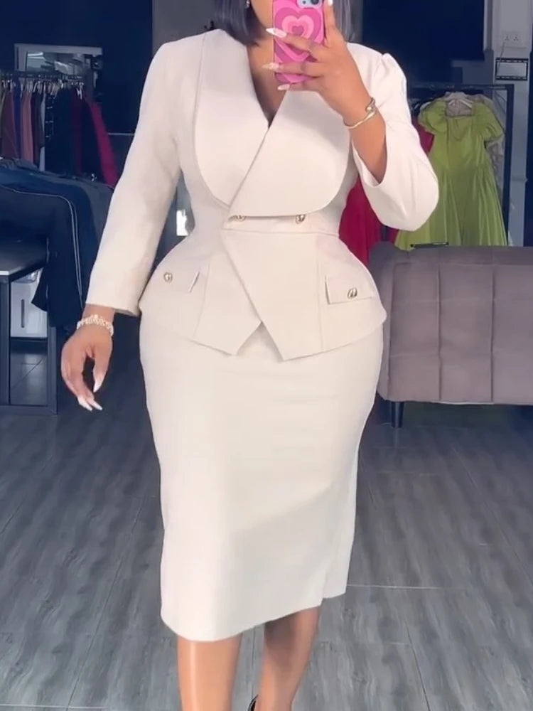 Elegant women's church dress by Showlu Fashion, featuring a turn-down collar, peplum style, suitable for business and office wear.