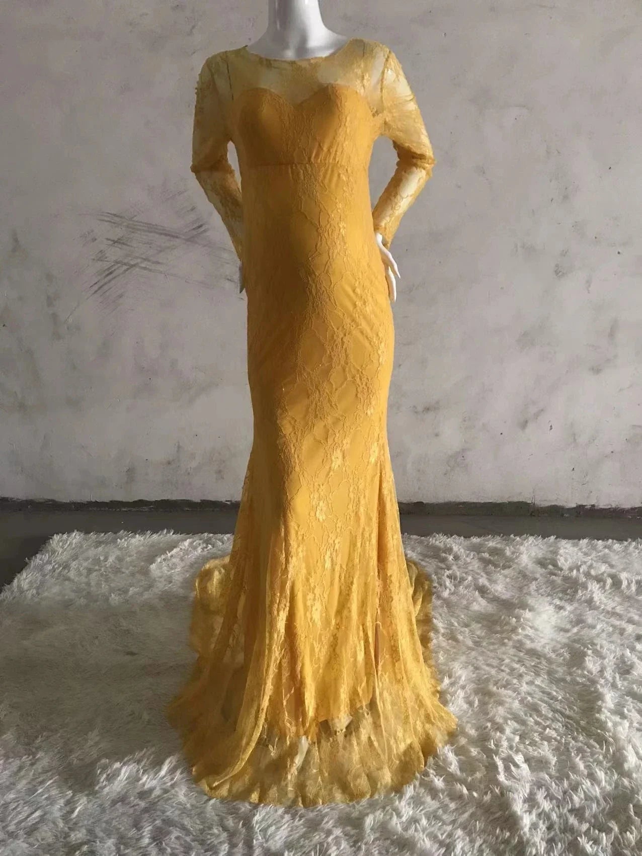 Showlu Lace Maternity Photography Dress featuring a boat neck gown with a long train, elegant and perfect for special maternity photos.