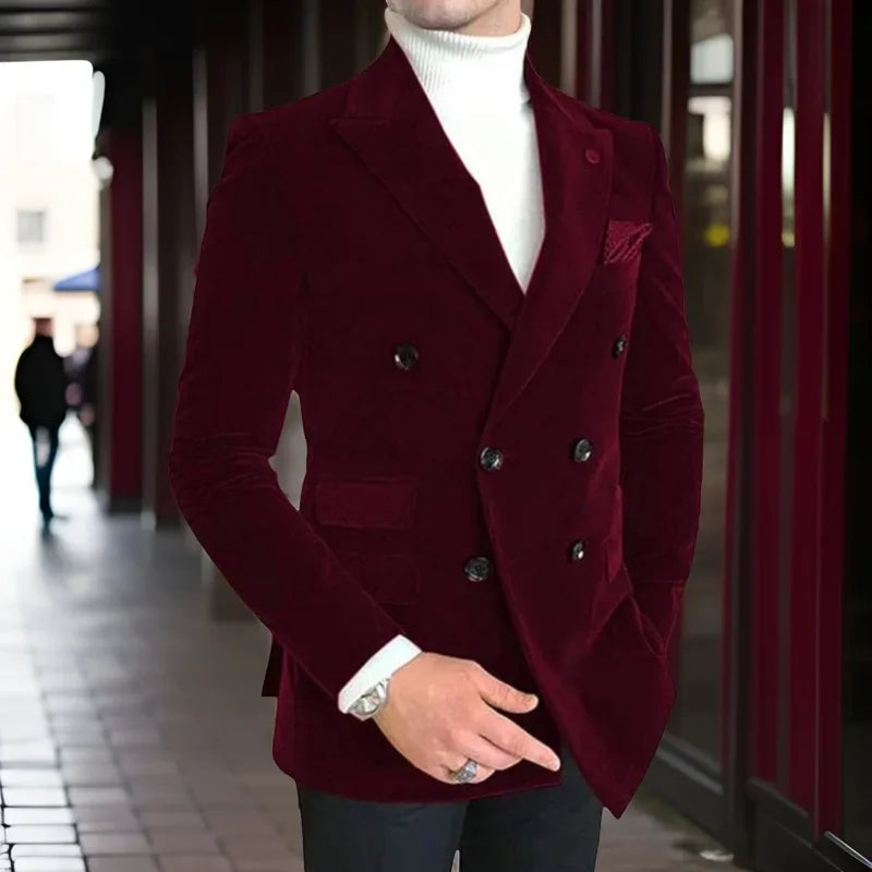 Men's Italian style slim fit velvet suit jacket with peak lapels, double-breasted blazer for wedding or formal occasions.