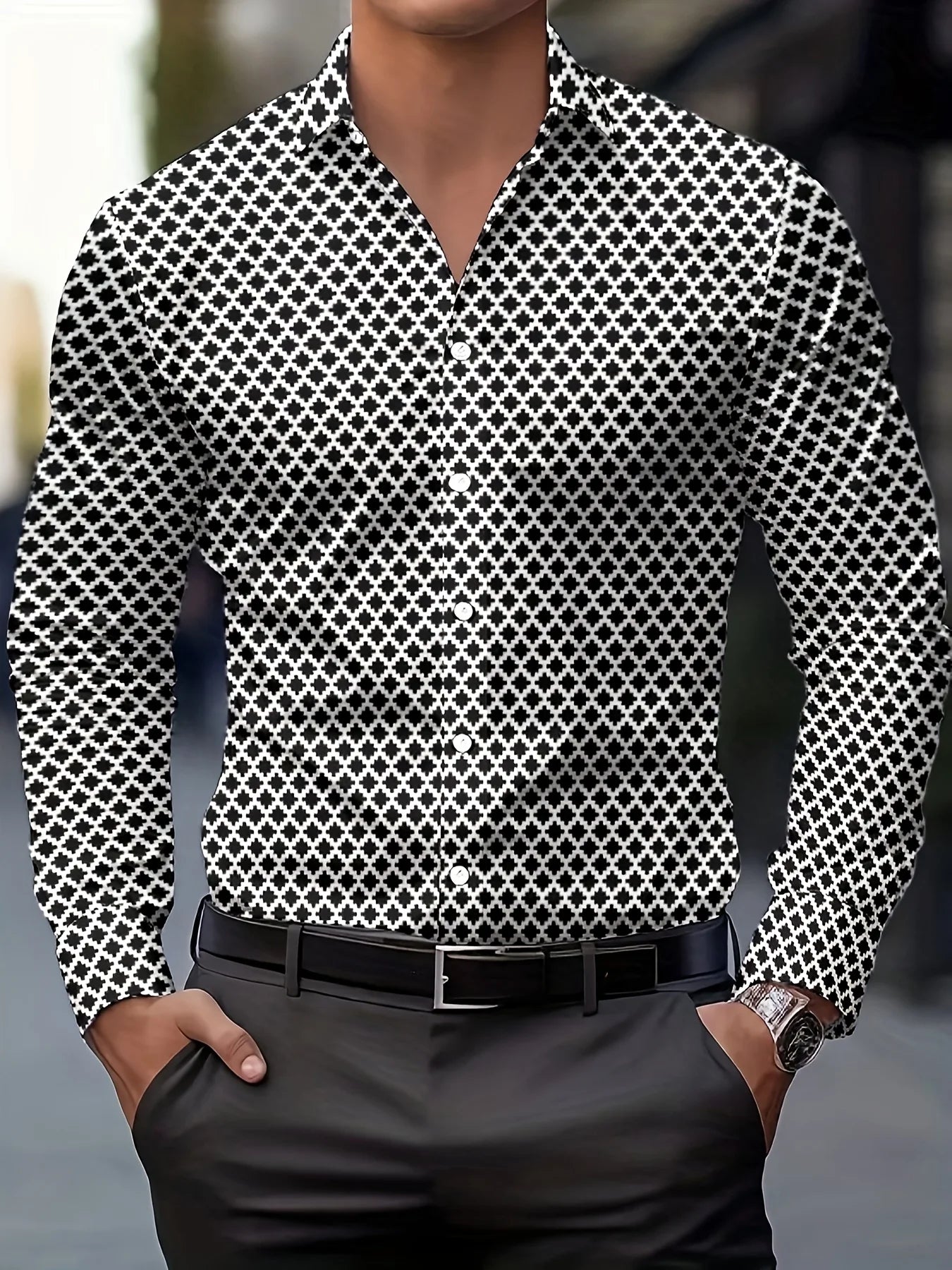 Men's checked long-sleeved button-up shirt by Showlu Fashion, featuring a high-end striped design and casual fitted style.