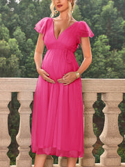 ItsRoya Double Layer Solid Mesh Maternity Dress V Neck Backless Ruffle Photography Props Dresses Loose Pregnant Women Clothing
