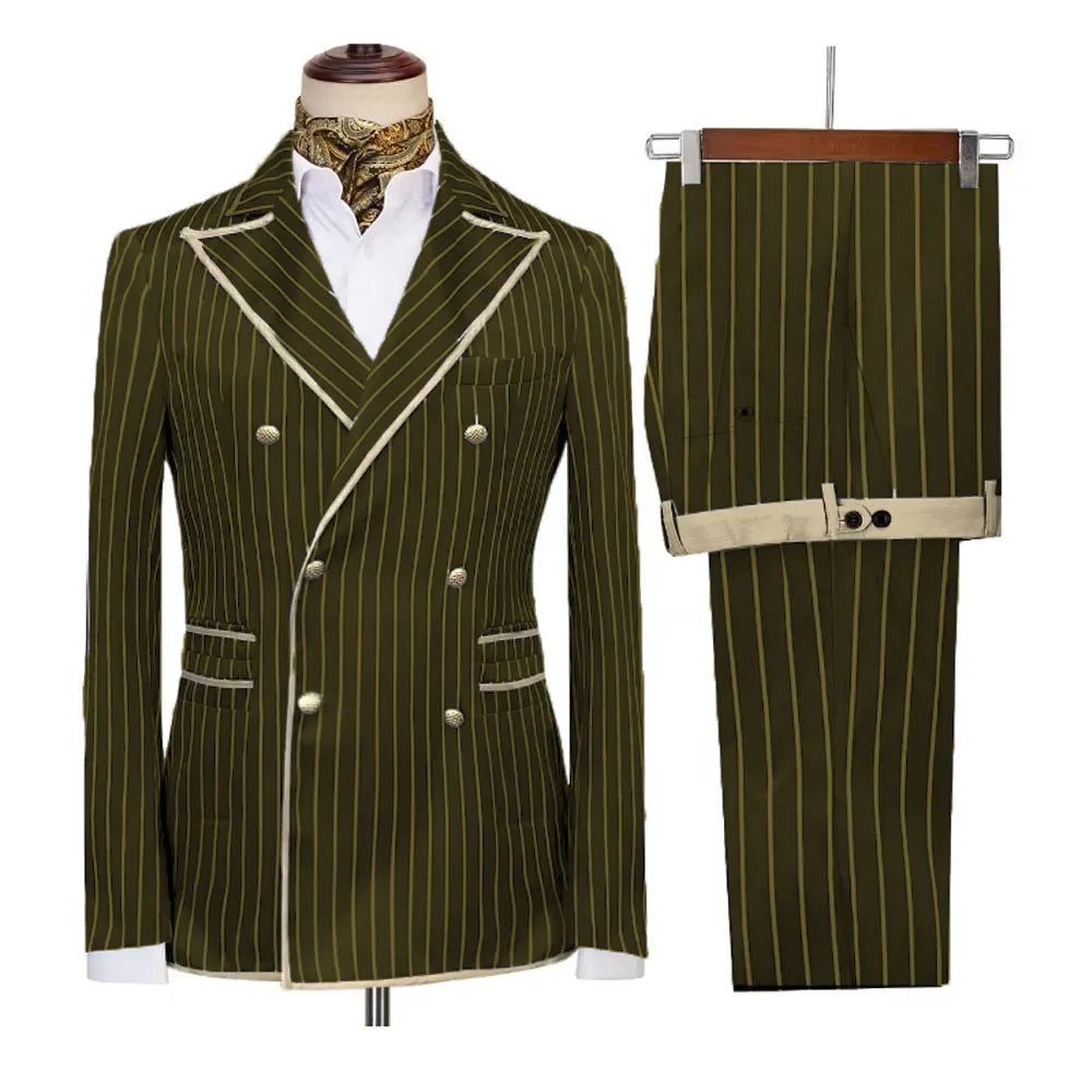 Striped men's double-breasted suit blazer and pants set with peak lapel, slim fit, smart casual and formal tuxedo style by Showlu Fashion.