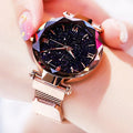 Women's fashion starry sky watch with diamond accents, mesh belt, quartz movement, magnet buckle, perfect for dressy occasions.