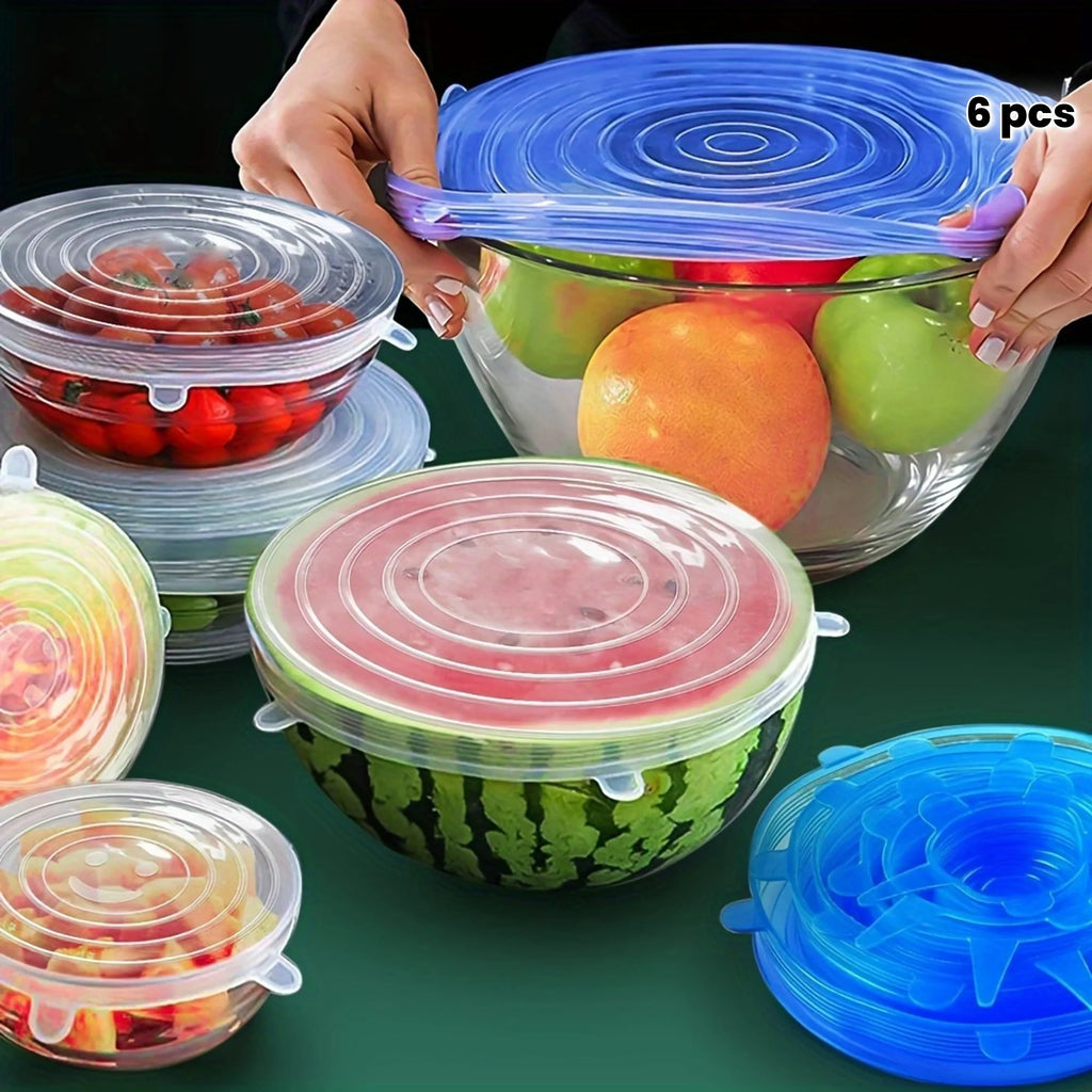 Showlu Smart General silicone stretch lids on various containers, showcasing flexible, reusable food storage solutions.