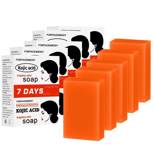 Five Kojic Acid soaps with lemon, vitamin C, and papaya extract for skin brightening and rough skin improvement.