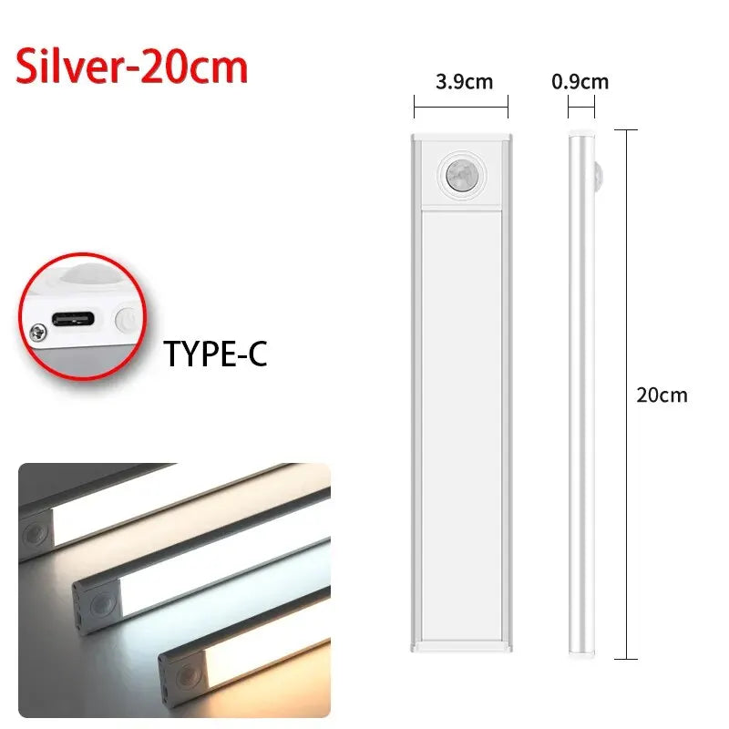 Pzsunly LED motion sensor cabinet light, 50cm USB rechargeable, mounted under kitchen cabinet with white LED illumination.