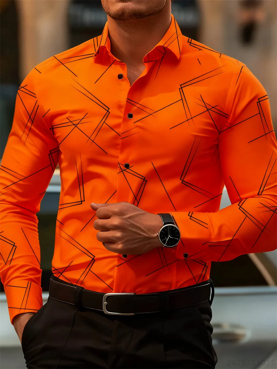 Men's trendy geometric line print long-sleeved shirt by Showlu Fashion Store, slim fit business casual design, non-iron, versatile style.