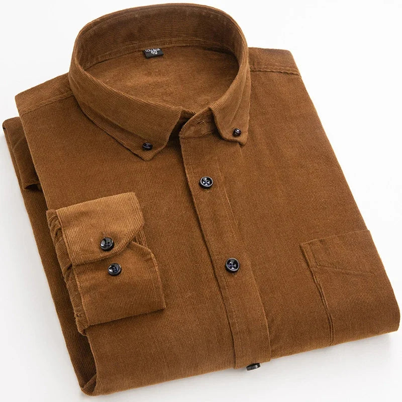 Long sleeve men's cotton corduroy shirt in solid color, casual winter fit with pockets, ideal for autumn, available in sizes S to 6XL.