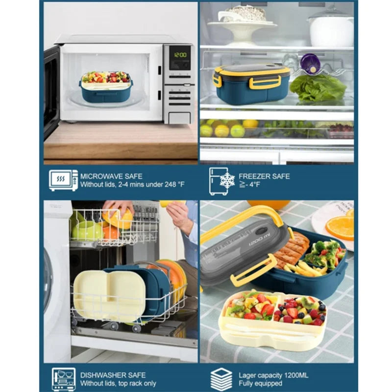 Showlu Fashion Store 1200ML two-layer bento lunch box with spoon and fork, leakproof microwave food container for kids and adults.