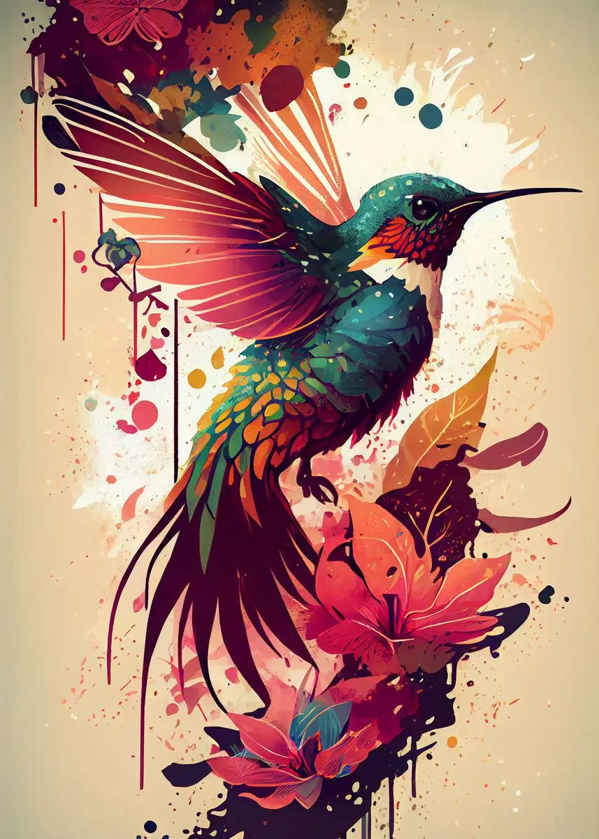 Colorful watercolor bird and hummingbird flower wall art canvas print for living room decor, featuring vibrant bird and floral designs.