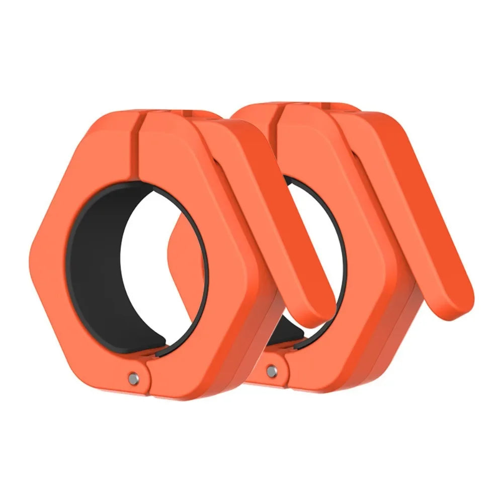 Magnetic weightlifting barbell clamps with hexagon design, quick-release spin lock, and secure trap bar collars for stability during lifts.