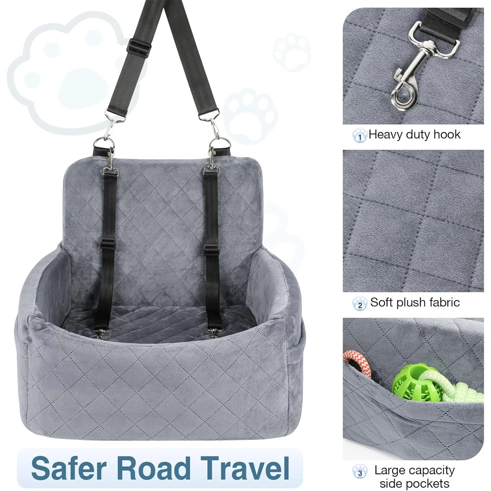 Portable dog car seat by Showlu Fashion Store with washable cushion, safety belt, and storage pocket for small to medium dogs during travel.