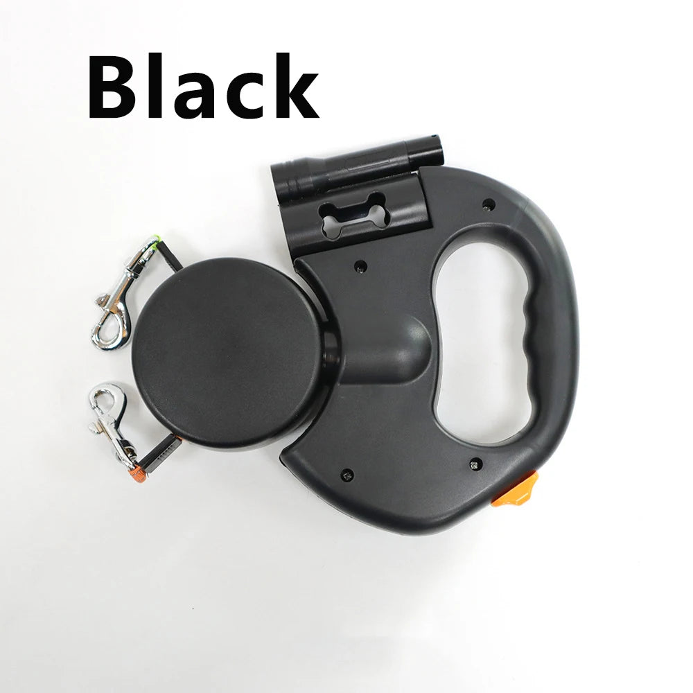 Showlu double dog leash with 3m retractable dual ropes and LED flashlight, designed for walking two dogs comfortably.