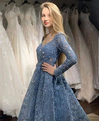 Luxury Long Sleeve Sexy V Neck Evening Dress Blue Women Beading Crystal Dubai Arabic Formal Occasions Prom Gown Vestidos Noche SHOWLU FASHION STORE