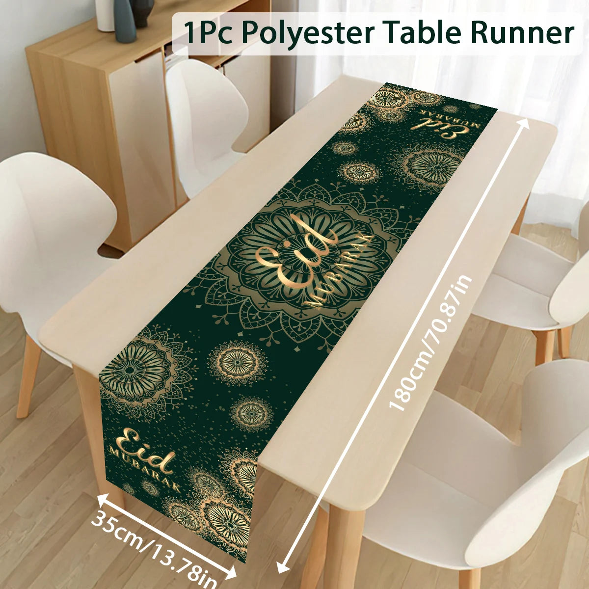 Ramadan decoration table runner for Eid Mubarak, featuring Islamic design, ideal for home tablecloths and Eid al-Fitr celebrations.