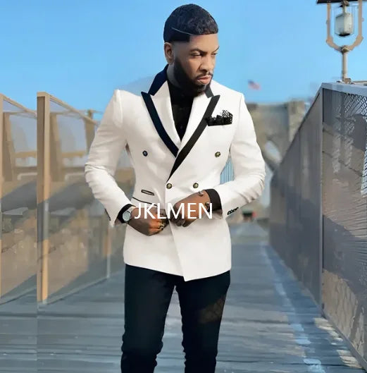 Slim fit white double-breasted men's tuxedo suit with top lapel, two-piece prom set, designed for formal occasions.