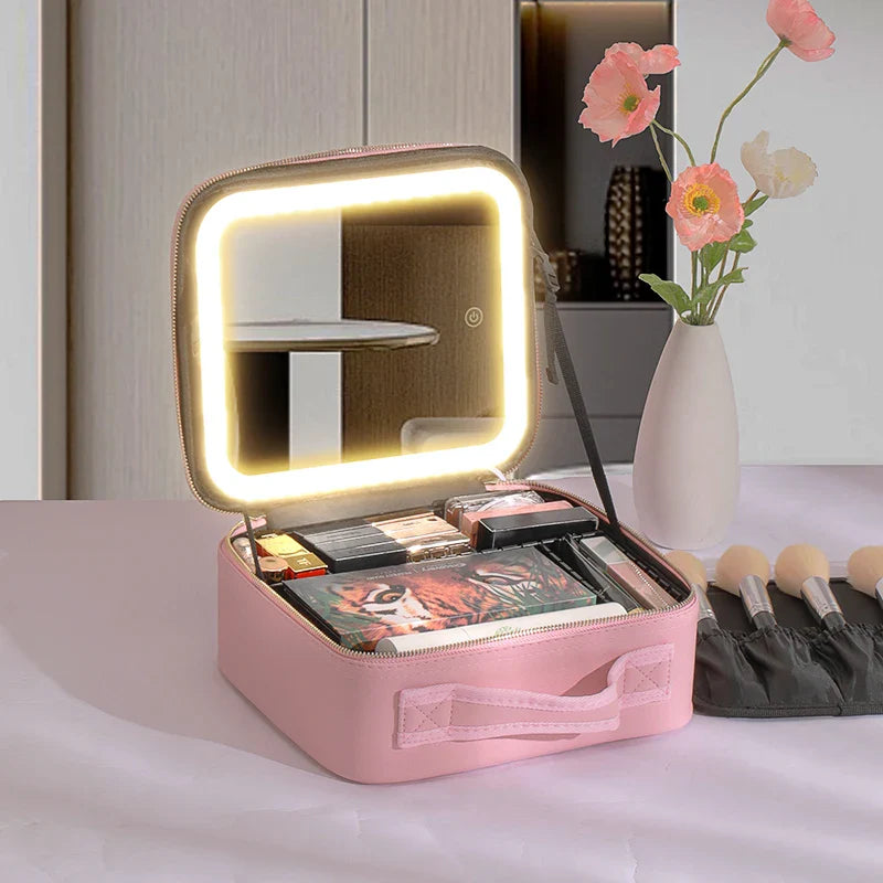 SHOWLU Travel Makeup Bag with LED lighted mirror, PU leather toiletry case, organized for cosmetics and grooming on the go.