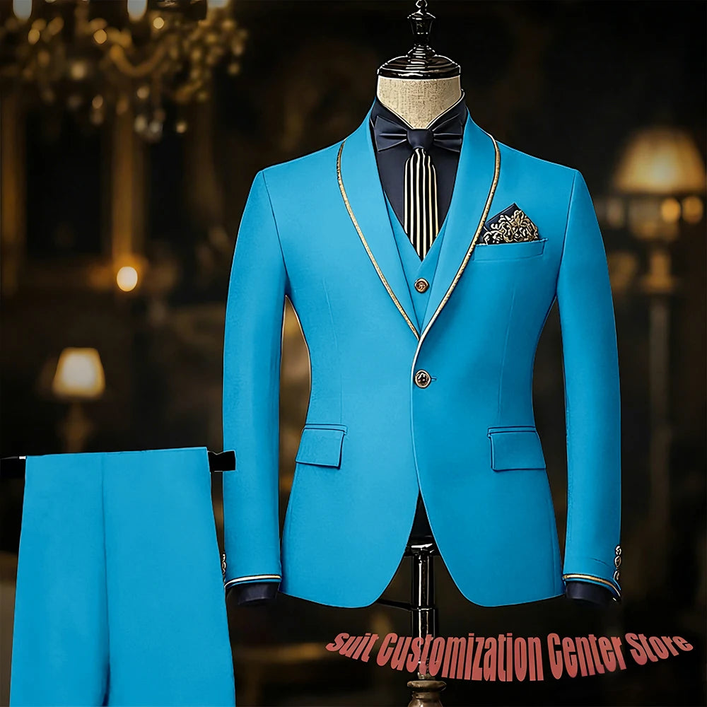 Navy blue men's slim fit wedding tuxedo with jacket, vest, and pants featuring shawl lapel, suitable for groom or prom events.
