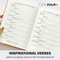 An open Bible study journal with handwritten verses listed under various emotional states.