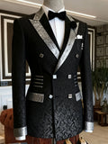 Men Black Jacquard Double Breasted Tuxedo Silver Embossed Lapel Slim Fit Waist Strap Decor Wedding Groom Formal Party Blazer Jac