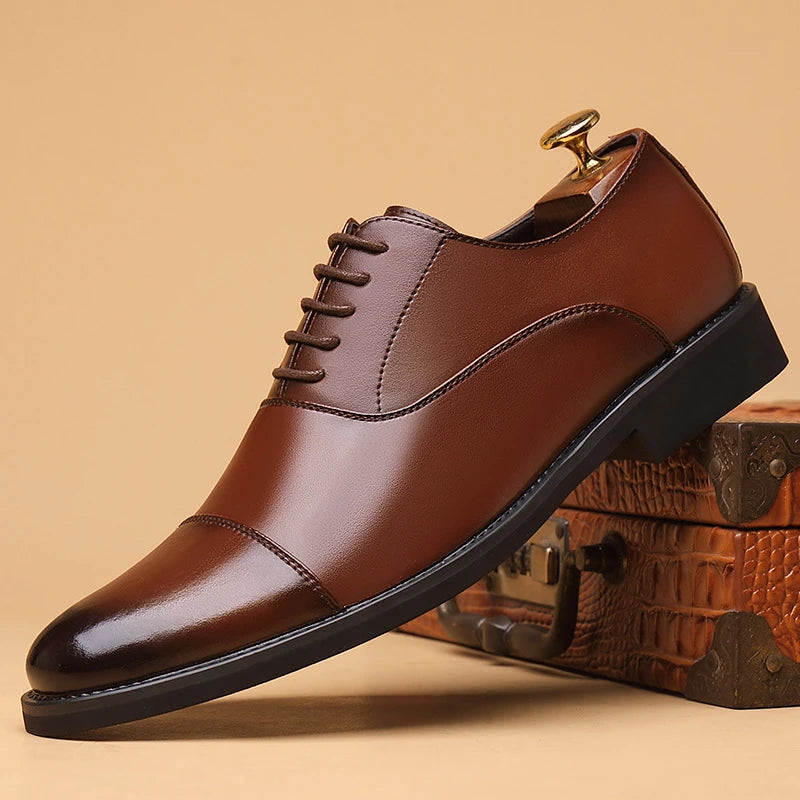 Men's black genuine leather cap toe lace-up dress shoes for formal office, wedding, and daily wear, British style by Showlu Fashion.