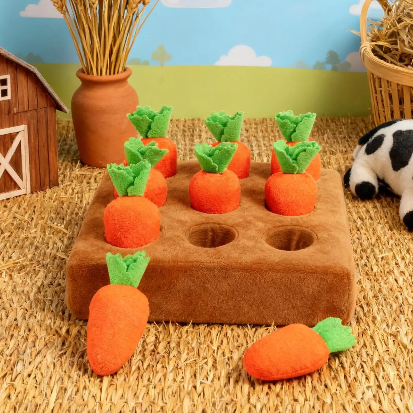 Colorful dog snuffle mat by Showlu Fashion Store with carrot design, interactive foraging puzzle toy for pet enrichment and boredom relief.
