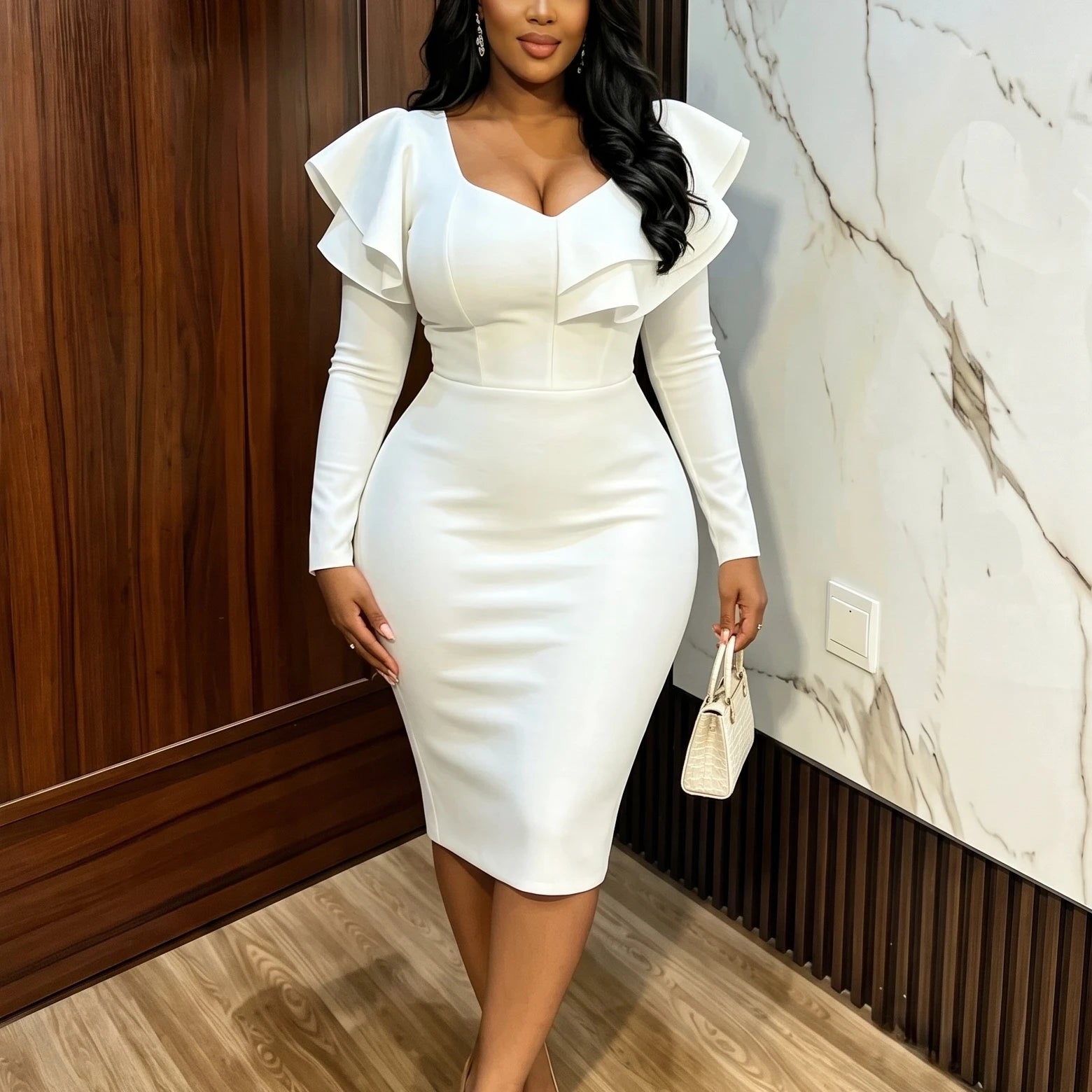 Women White Ruffle Bodycon Dress Sweetheart Neck Long Sleeve Pencil Formal Office Events Party Wedding Guest Church Occasions