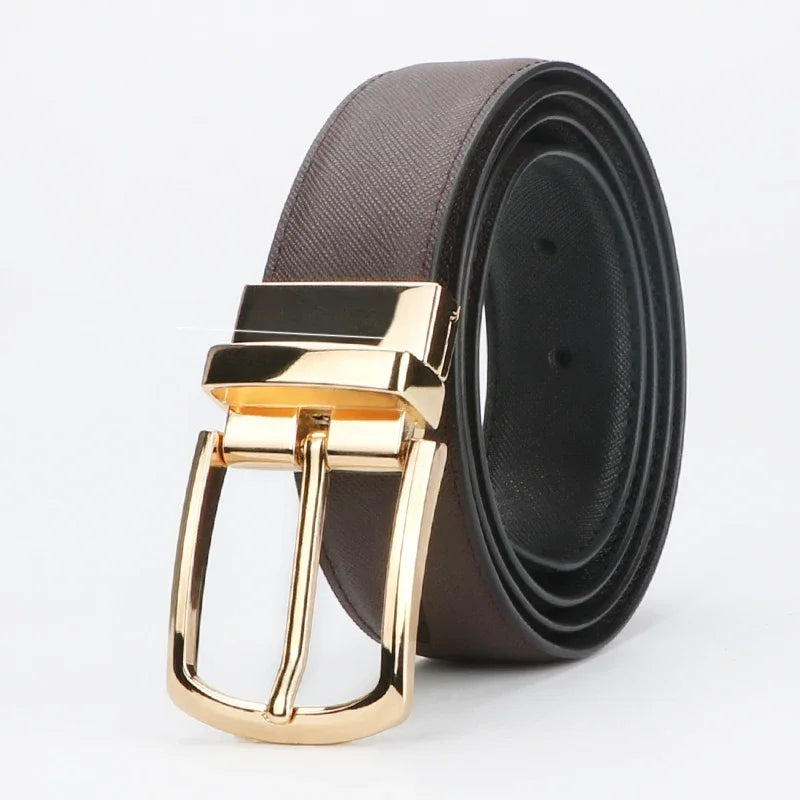 Men's genuine leather cowhide business belt with rotating pin buckle, double-sided casual belt for men