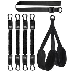 A set of four resistance bands, a waist belt, and a pair of padded hanging straps for pull-ups.