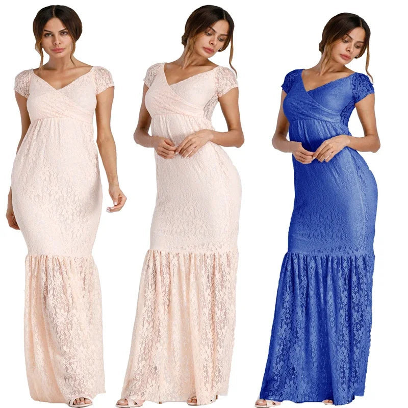 Showlu Mermaid maternity dress with lace V-neck design, flowing maxi gown ideal for photography and special occasions.