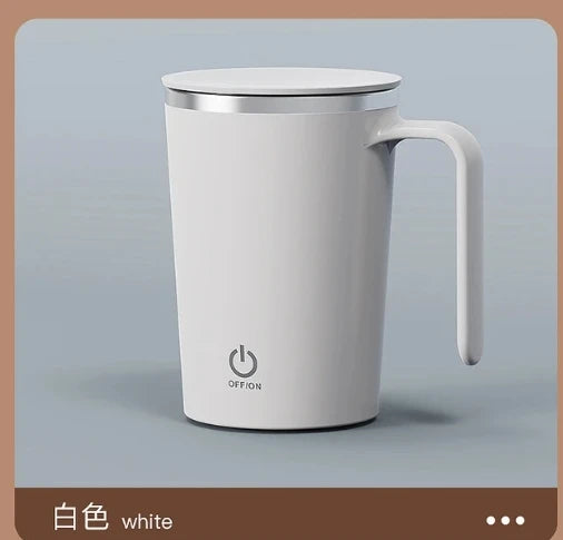 Showlu automatic self-stirring stainless steel coffee mug with magnetic stirring mechanism and ergonomic handle.