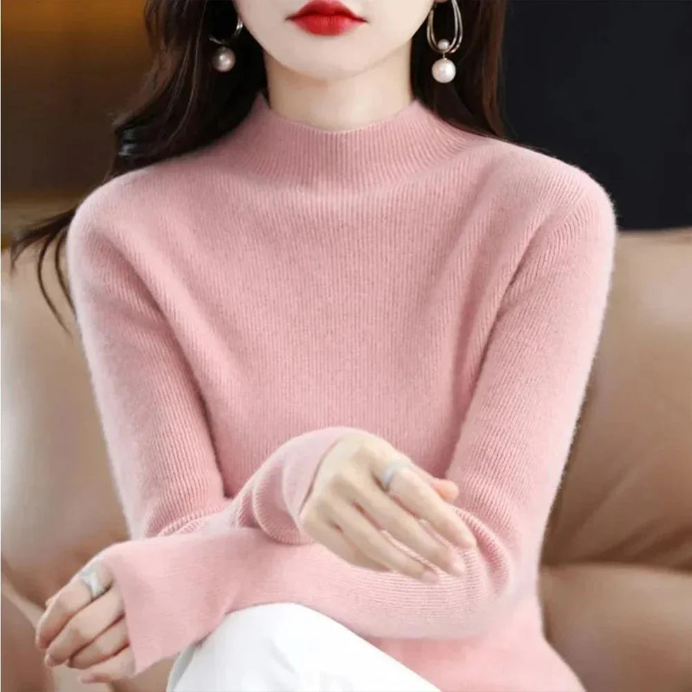 Women's X-G-Xinde pleated pullover sweater with half high collar and slim fit, featuring a stylish, feminine design.